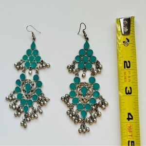 Ethnic Elegant Turquoise Silver Chandelier Maximalist Earrings